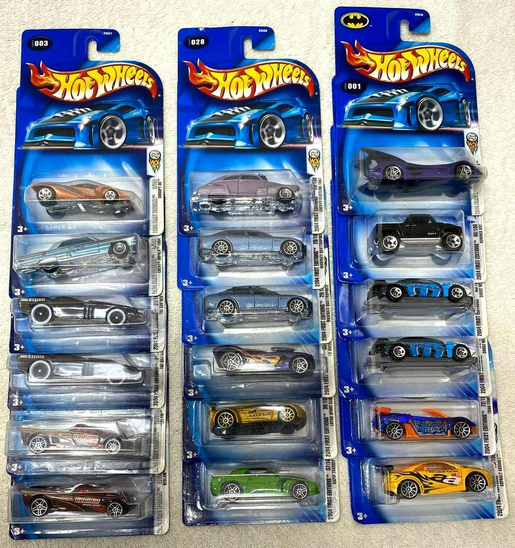 Modern Hot Wheels Lot of (18) 2004 First Editions 1:64: Modern Hot Wheels Lot of (18) 2004 First Edition Series cars including Collector #001 001/100 Batmobile, Collector #003 003/100 Swoopy Do, Collector #004 004/100 Chevy Impala 1964, (2) Collector #021
