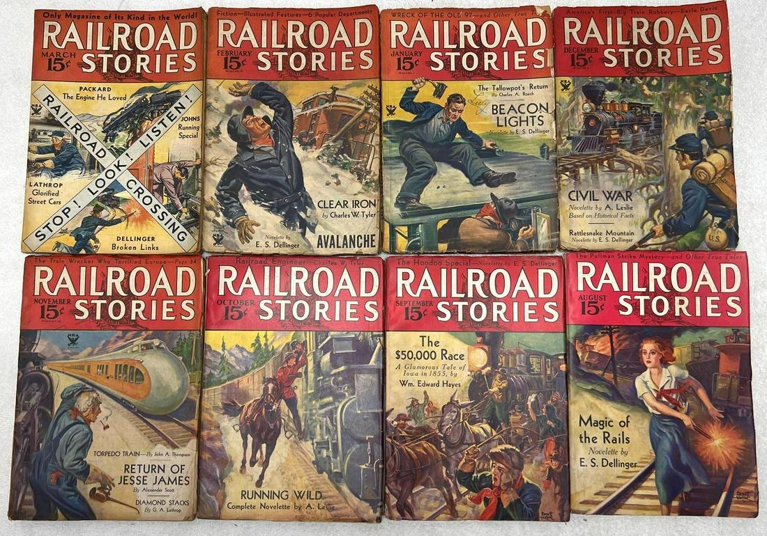 Eight Railroad Stories August 1933, March 1934 Return: Eight Railroad Stories August 1933, March 1934, Running Wild Return Of Jesse James. This is a great lot in the series including, August 1933 "Magic Of The Rails", September 1933 "The $50,0