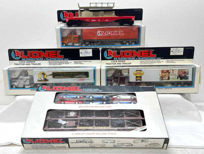 Modern Era Lionel O gauge 16208 52055 52091 12891 16618 in original boxes: Modern Era Lionel O gauge 16208 Pennsylvania auto carrier with six die cast cars, 52055 LCCA Sovex tractor and trailer, 52091 LCCA Lennox tractor and trailer, 12891 Lionel Lines refrigerator tractor