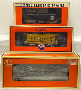 Modern Era Lionel O gauge 17880 36544 26707 in original boxes: Modern Era Lionel O gauge 17880 1990 LCCA Denver & Rio Grande Western convention car, 36544 Alaska illuminated caboose, 26707 Lionel Steel operating welding flatcar (shack/cab is loose with