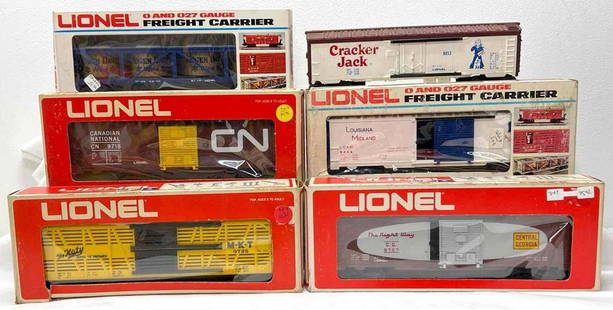 Modern Era Lionel O gauge 9725 9444 9718 9146 9757 9853 in original boxes: Modern Era Lionel O gauge 9725 MKT cattle car, 9444 Louisiana Midland box car, 9718 Canadian National boxcar, 9146 Moden David wine car, 9757 Central of Georgia box car, 9853 Cracker Jack billboard