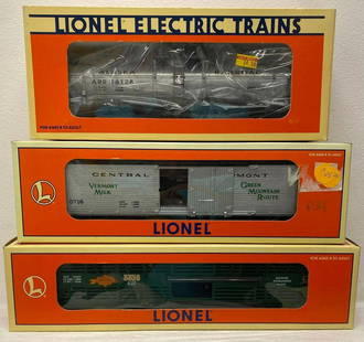 Modern Era Lionel O gauge 19540 16128 5716 in original boxes: Modern Era Lionel O gauge 19540 3356 Broken Arrow Ranch stockcar, 16128 Alaska single dome tank, 5716 Central Vermont milk car in original boxes, trains should clean C7-8 or as otherwise noted. Boxes