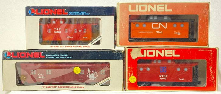 Modern Era Lionel O gauge 9161 16531 9163 19652 in original boxes: Modern Era Lionel O gauge 9161 Canadian National lighted caboose, 16531 Texas and Pacific square window illuminated caboose, 9163 Santa Fe illuminated caboose, 19652 Jersey Central bunk car, in