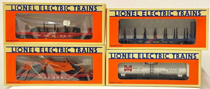 Modern Era Lionel O gauge 9155 16396 16395 6817PWC in boxes: Modern Era Lionel O gauge 9155 Mosanto 1975 LCCA tank car in wrong box, 16396 Alaska Railroad flat car w/trim in original box, 16395 Canadian Pacific rail car in original box, 6817 Post War