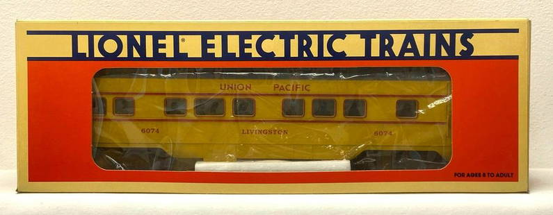 Modern Era Lionel O gauge 16074 Union Pacific Livingston observation in original box: Modern Era Lionel O gauge 16074 Union Pacific Livingston observation in original box, looks better but graded C8 very light run time. Box shows no wear, square and solid.