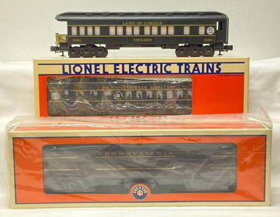 Modern Era Lionel O gauge 9544 17879 81462 passenger cars in original boxes: Modern Era Lionel O gauge 9544 Land of Lincoln Chicago TCA observation, 17879 1989 Pennsylvania Limited Valley Forge convention car, 81462 Pennsylvania Broadway Limited baggage car #9760, passenger