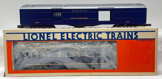 Modern Era Lionel O gauge 7230 19064 Wabash Railroad passenger cars in original boxes: Modern Era Lionel O gauge 7230 City of Peru coach and 19064 Railway Express Agency, Wabash Railroad passenger cars in original boxes, trains should clean C8 or as otherwise noted. Boxes show light