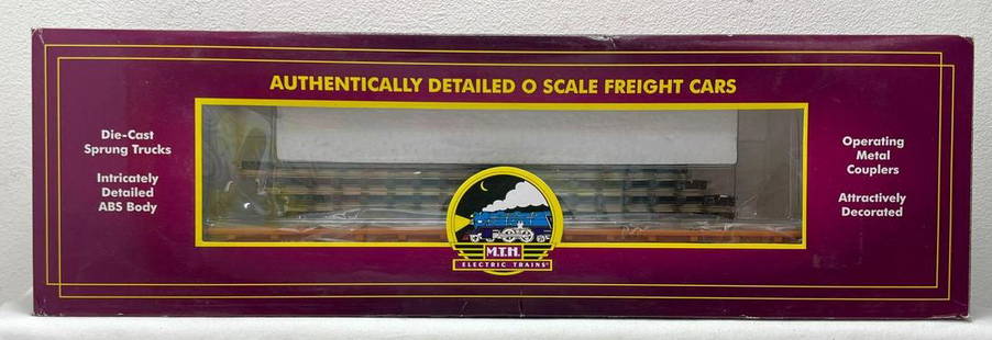 Modern Era MTH O gauge 20-95147 2015 MTHRRC Norfolk Southern 60' flat w/track in original box: Modern Era MTH O gauge 20-95147 2015 MTHRRC Norfolk Southern 60' flat car with track loads in original box, train should clean C7-8, loose trim. Track has some broken tie ends/tips. Box shows