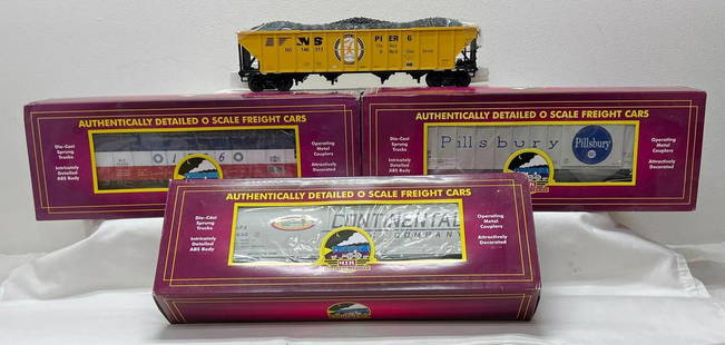 Modern Era MTH O gauge MTHRRC 20-97319 20-97882 20-97841 20-97909 in original boxes: Modern Era MTH O gauge 20-97319 2014 Pillsbury PS-2CD high-sided, 20-97882 2018 Continental Grain Company 3-bay center flow, 20-97841 2016 Norfolk and Southern 4-bay w/coal load, 20-97909 2019 Besseme