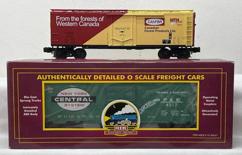 Modern Era MTH O gauge MTHRRC 20-93024 NYC boxcar 20-94028 Canfor reefer in original boxes: Modern Era MTH O gauge MTHRRC 20-93024 1999 NYC boxcar 20-94028 2002 Canfor reefer in original boxes, trains look C8. Boxes show light wear, price stickers, square and solid.