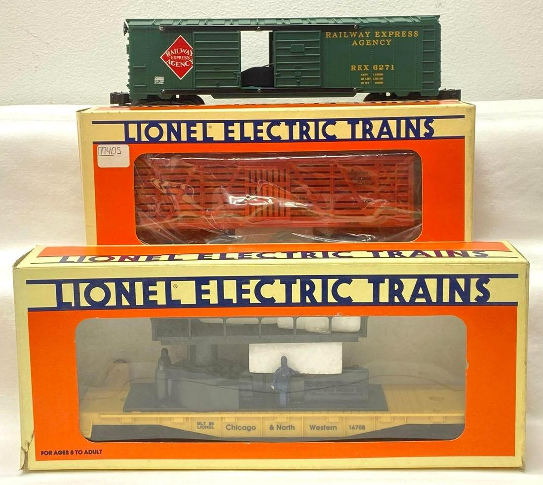 Modern Era Lionel O gauge 16651 16708 26869 in original boxes: Modern Era Lionel O gauge 16651 animated Circus Clown car, 16708 Chicago and North Western operating maintenance car, 26869 Railway Express Agency jumping hobo boxcar in original boxes, C8 light run t