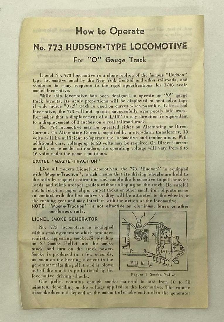 Postwar Lionel O gauge 773-132 8/64 instructions sheet for 773 Hudson-Type Locomotive (1 of 3)