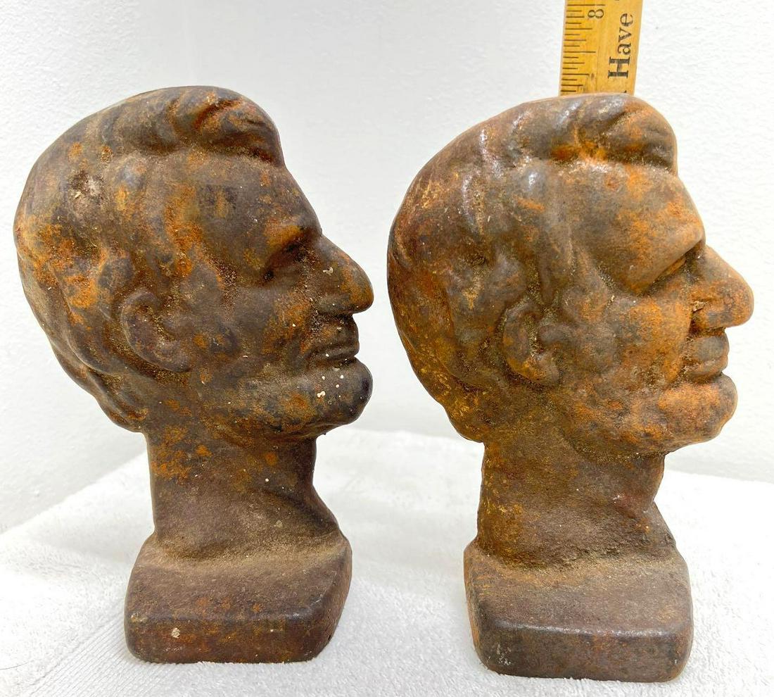 Cast Iron Abraham Lincoln Bookends Or Doorstops: Cast Iron Abraham Lincoln Bookends Or Doorstops. Each weigh 3 1/2 pounds so you pick what you would use them for� No chips or cracks, no flaws. They need a good cleaning. Each stand approximate