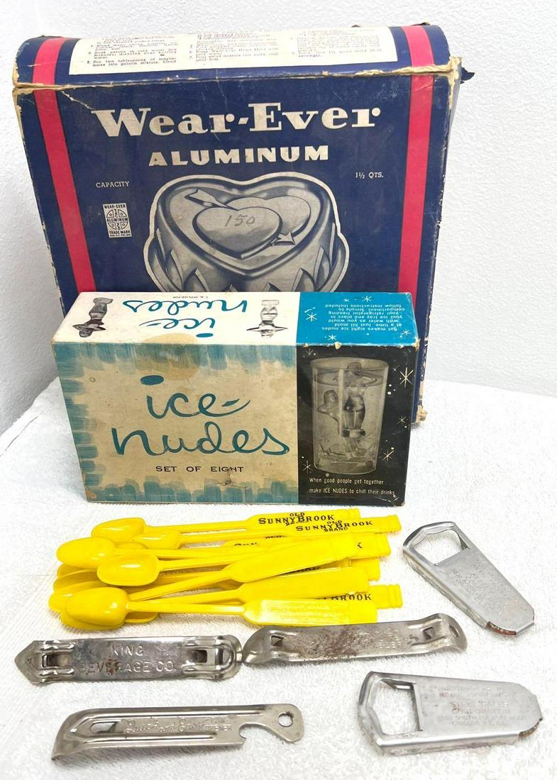 Wear Ever Aluminum Heart Mold Ice Nudes Old Bottle Openers And Tea Spoons: Wear Ever Aluminum Heart Mold Ice Nudes Old Bottle Openers And Tea Spoons. Odd lot but some great stuff. This lot includes, 14 Old Sunny Brook Brand tea stirrers, Five bottle openers from King Beverag