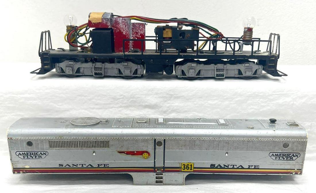 Postwar American Flyer S Gauge 361 shell GP chassis: Postwar American Flyer S Gauge 361 Santa Fe Alco PA diesel shell, screw mounts are uncracked (date stamped OCT 1950). GP diesel chassis with link couplers. Please view the items in this lot carefully 