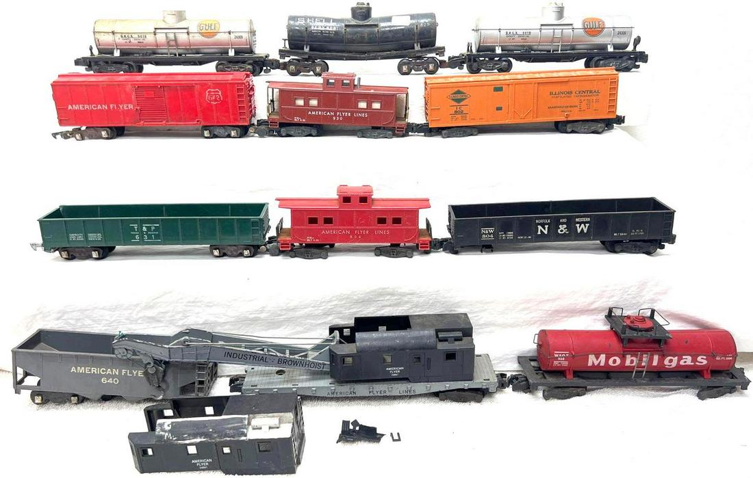 Postwar American Flyer S Gauge twelve freight cars: Postwar American Flyer S Gauge twelve freight cars with missing and broken pieces. Excellent restoration/parts lot. 24309 Gulf tank, 625 Shell tank, 24309 Gulf tank, 958 Mobilgas tank, 24561 Industria