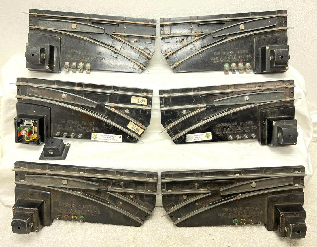 Postwar American Flyer S Gauge three pairs remote control switches: Postwar American Flyer S Gauge, three pairs remote control switches. One pair has some light surface rust on underside. Please view the items in this lot carefully as they are being sold as shown in t