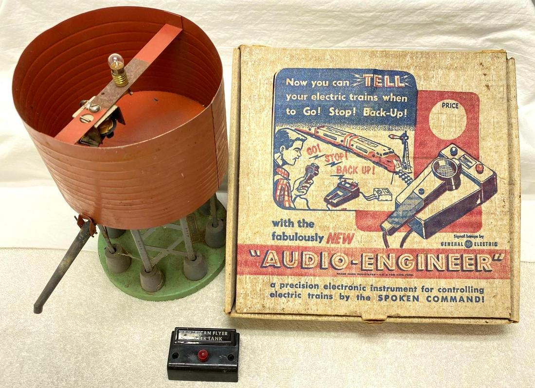 Postwar American Flyer S Gauge 596 water tank Audio-Engineer: Postwar American Flyer S Gauge 596 water tank with control button. Audio-Engineer in original box. Water tank is an excellent restoration candidate or parts. Audio-Engineer looks complete, box is warp