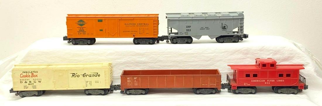 Postwar American Flyer S Gauge 807 923 924 941 806: Postwar American Flyer S Gauge 807 D&RGW Rio Grande Cookie Box house car, 923 Illinois Central IC house car reefer, 924 CRP Jersey Central Lines covered cement car hopper, 941 SLSF Frisco sandcar,