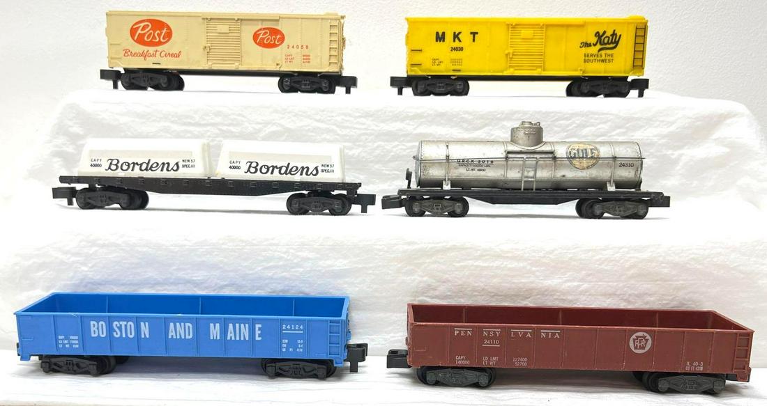 Postwar American Flyer S Gauge 24124 24030 24110 24058 24310 24575: Postwar American Flyer S Gauge 24124 B&M Boston and Maine, 24030 MKT Missouri Kansas Texas house car, 24110 PRR Pennsylvania gondola, 24058 Post Breakfast Cereal house car, 24310 Gulf tank, 24575 
