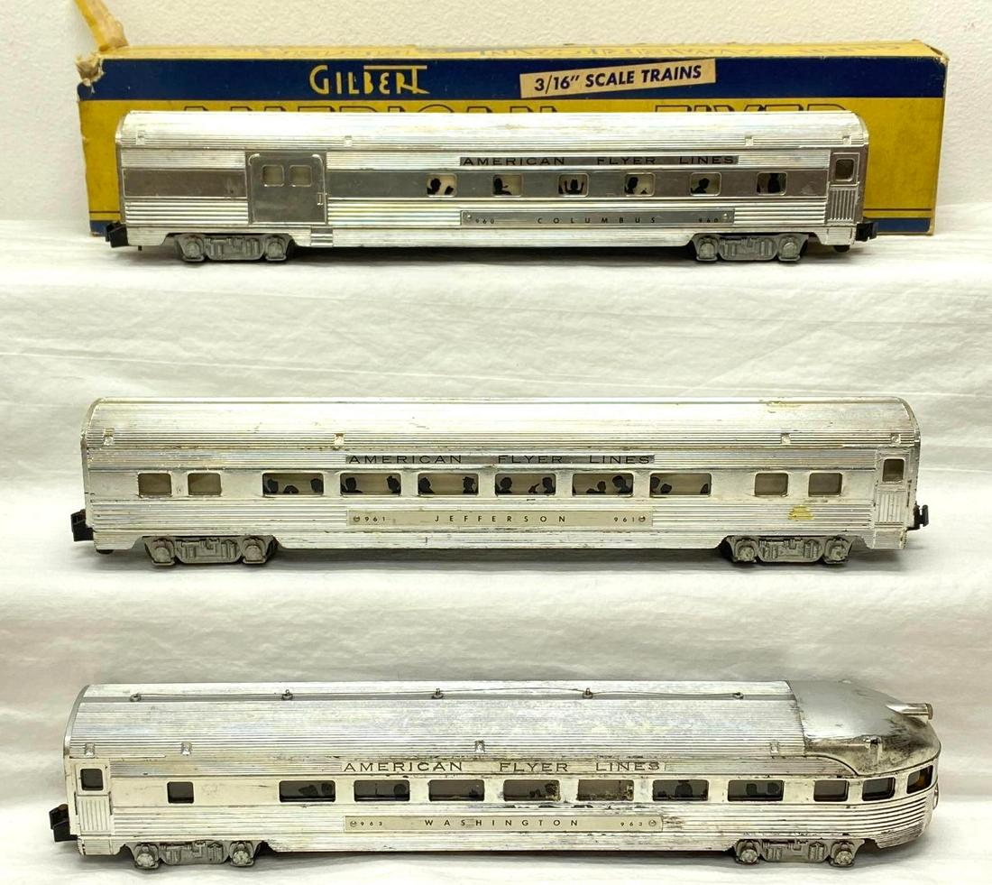 Postwar American Flyer S Gauge 960 961 963 in original boxes: Postwar American Flyer S Gauge 960 Columbus combine, 961 Jefferson Pullman, 963 Washington observation, in original boxes. 963 has repainting on observation roof. Drum head is original and uncracked.