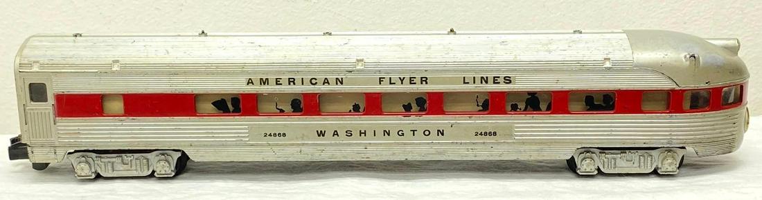 Postwar American Flyer S Gauge 24868 Washington red striped observation: Postwar American Flyer S Gauge 24868 Washington red striped observation passenger car. Tight hairline at bottom of drumhead, original drumhead. Missing antenna. Train should clean and polish C6. Pleas