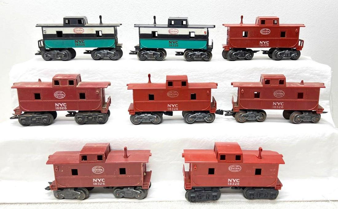 Postwar Marx O Gauge eight 18326 New York Central System NYC caboose: Postwar Marx O Gauge eight 18326 New York Central System NYC caboose. Some trains have partially missing railing, chipped roof, missing chimney, etc. Please view the items in this lot carefully as the