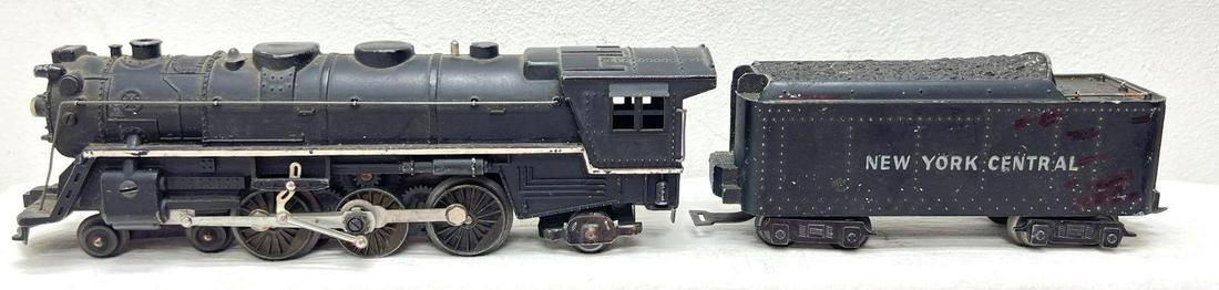 Postwar Marx O Gauge 333 4-6-2 steam locomotive w/smoke NYC diecast tender: Postwar Marx O Gauge 333 4-6-2 die-cast steam locomotive w/smoke NYC diecast tender. Tender has large marker touchups, some rust on some parts. Trains should clean and polish C6. Please view the items