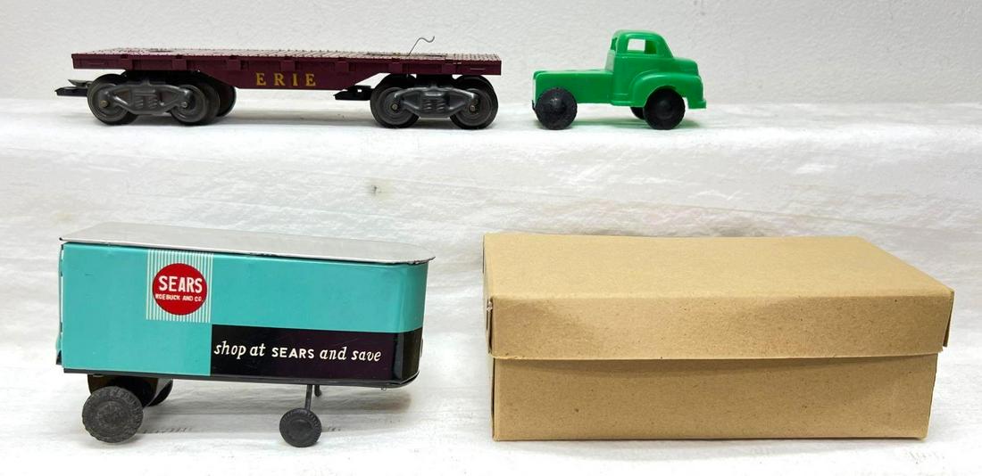 Postwar Marx O Gauge Erie flat car with Sears tractor trailer in original box (1 of 5)