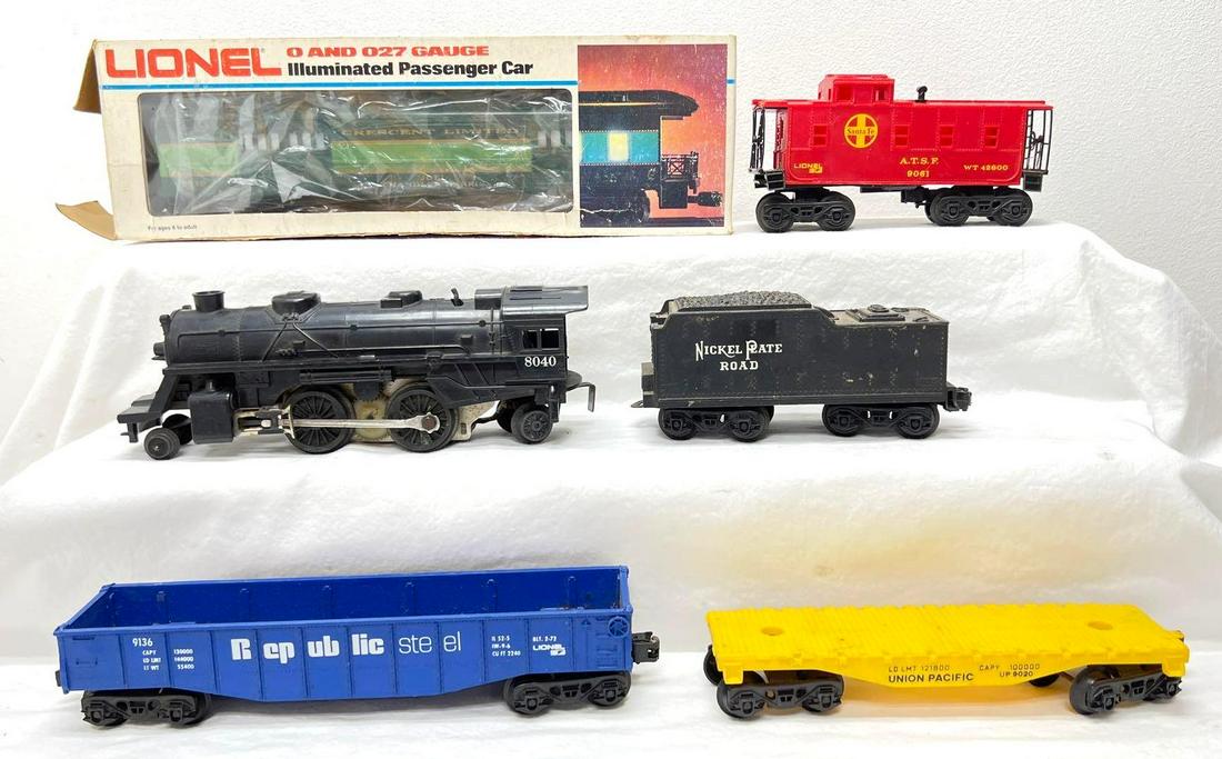 Modern Era Lionel O Gauge 8040 2-4-2 NKP tender 9136 9020 9041 9530: Modern Era Lionel O Gauge 8040 2-4-2 steam locomotive, NKP Nickel Plate Road tender, 9136 Republic Steel gondola, 9020 Union Pacific flat car, 9041 A.T.S.F. Santa Fe square window caboose. 9530. Joel