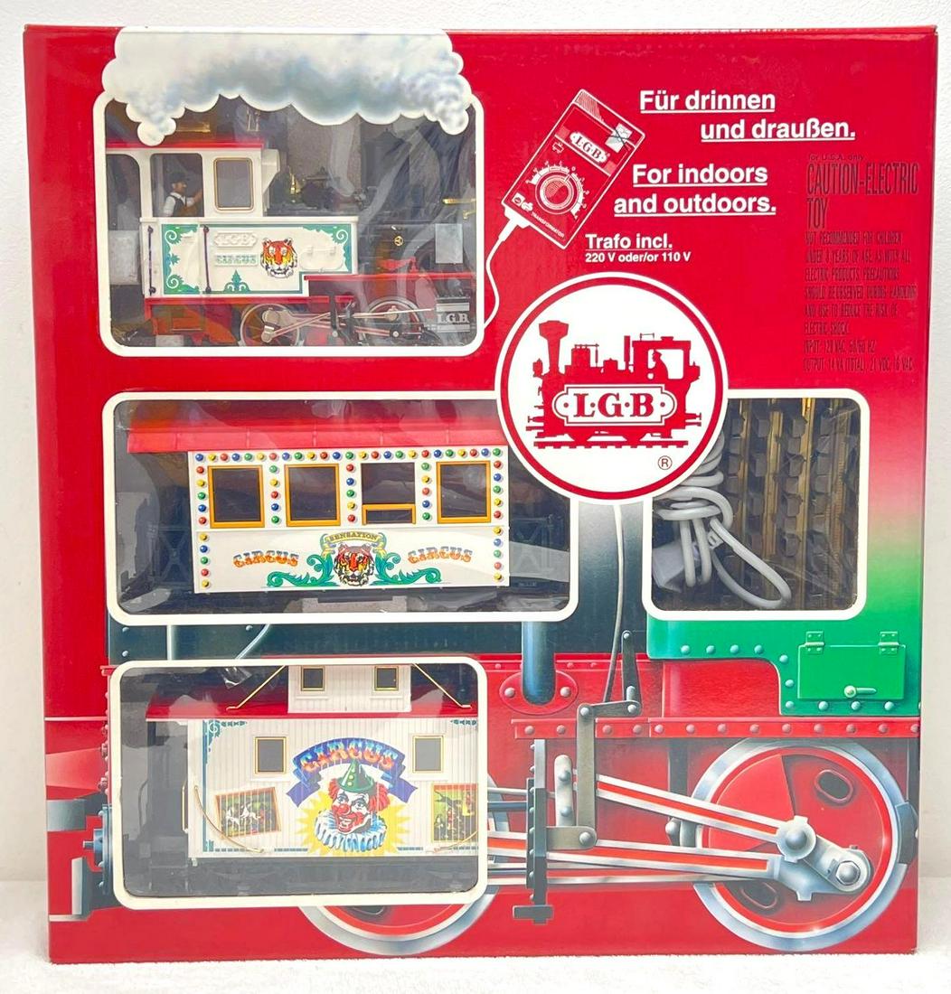 Modern Era LGB G Scale 72905 Circus Train Set in original box: Modern Era LGB G Scale 72905 Circus Train Set in original box. Set appears to be complete with light run time on wheels and slides. Set and or trains may or may not be missing trim and or minor compon