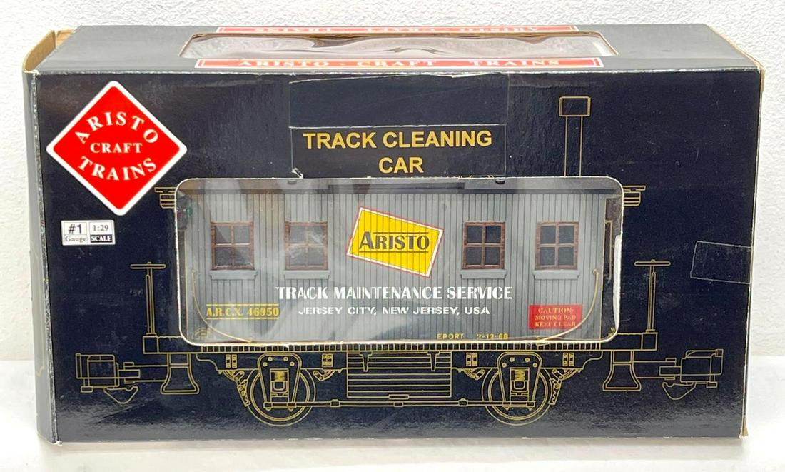 Modern Era Aristocraft Gauge One 46950 Track Cleaner in OB: Modern Era Aristocraft Gauge One 46950 Track Cleaning Car in original box, train looks C8 with light use. Box shows some light wear and tape at a flap. Box is square and solid. Please view the photos