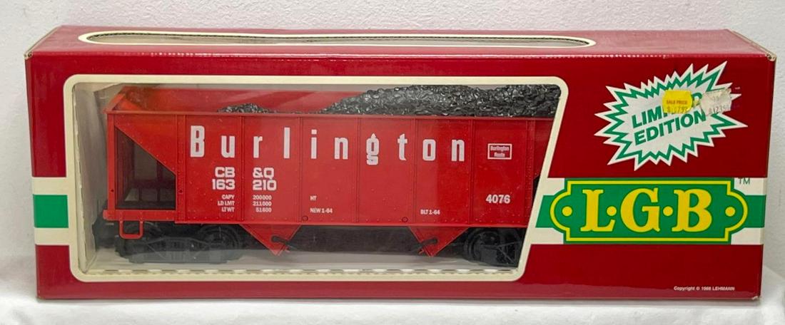 Modern Era LGB G Scale 4076 M01 hopper with load in original box: Modern Era LGB G Scale 4076 M01 Burlinton CB&Q hopper with load in original box. Train appears to be unrun C9-10. Box shows no wear. Please view the photos of the items in this lot carefully as th