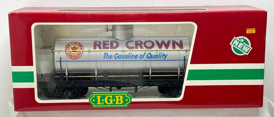 Modern Era LGB G Scale 4180 Red Crown 1D tank in original box: Modern Era LGB G Scale 4180 Red Crown 1D tank car in original box, train appears unrun C9-10 with instructions. Box shows no wear. Please view the photos of the items in this lot carefully as they are