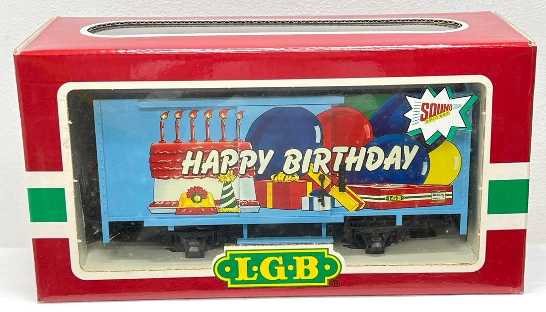 Modern Era LGB G Scale 4435 HB Happy Birthday in original box: Modern Era LGB G Scale 4435 HB Happy Birthday box car with Sound in original box with instructions. Train looks C8 with light run time. Box has sleeve, no wear. Please view the photos of the items in