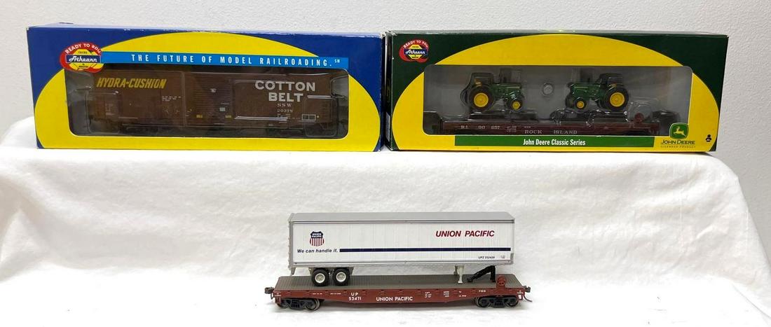 HO Gauge/Scale Athearn 91203 92071 81274 freight in OB: HO Gauge/Scale Athearn 91203 Cotton Belt 50' combination door box car, 92071 Union Pacific 50' flat with 45' trailer (no box), 81274 Rock Island 50' flat with 2 John Deere tractors, fr