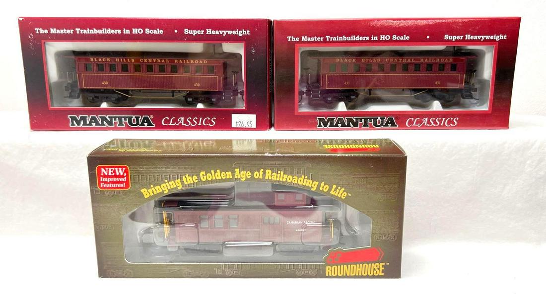 HO Gauge/Scale Mantua Black Hills Central Canadian Pacific: HO Gauge/Scale Mantua Black Hills Central Railroad passenger cars, 430 and 431 coaches in original boxes both marked for 717520 Wooden Passenger Car P.R.R. 1860 Coach. Athearn Roundhouse 84333 Canadia