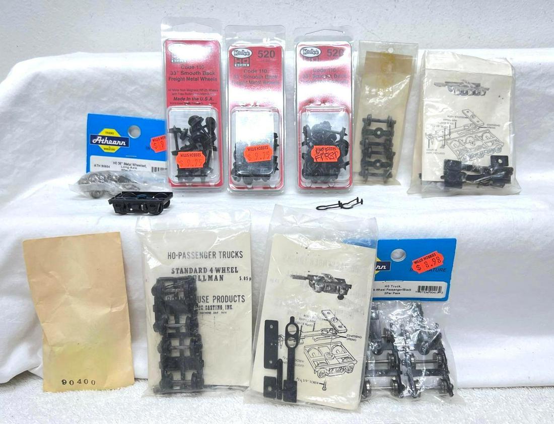 HO Gauge/Scale metal wheel sets passenger trucks in original packages: HO Gauge/Scale metal wheel sets passenger trucks in original packages. Most packages are factory sealed, some are open and may or may not be complete. Three Kadee 520 code 110 33" smooth black fre