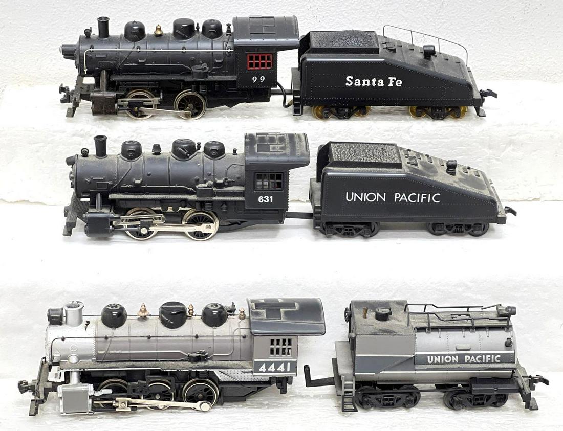 HO Gauge/Scale Mantua SF 99 Bachmann UP 4441: HO Gauge/Scale Mantua Santa Fe 99 0-4-0 steam switcher and tender, Bachmann Union Pacific 4441 0-8-0 steam switcher with oil tender, and unmarked Union Pacific 0-4-0 steam switcher and slope back tend