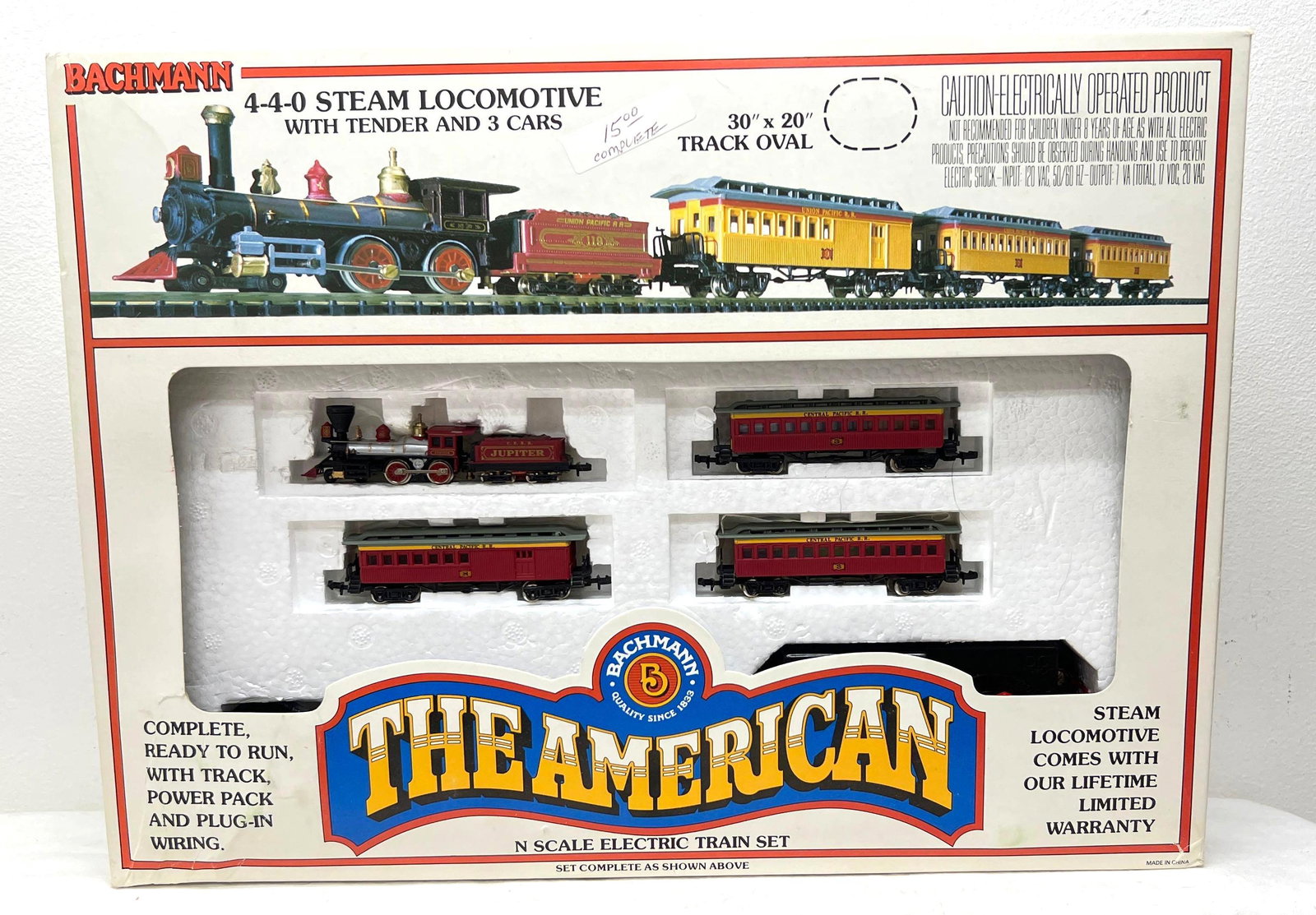 N Scale Bachmann 24407 4-4-0 steam locomotive and tender: N Scale Bachmann 24407 4-4-0 steam locomotive and tender and three passenger cars set in original box. Loco has a detached side rod, otherwise trains look C8. Track, transformer and instructions sheet