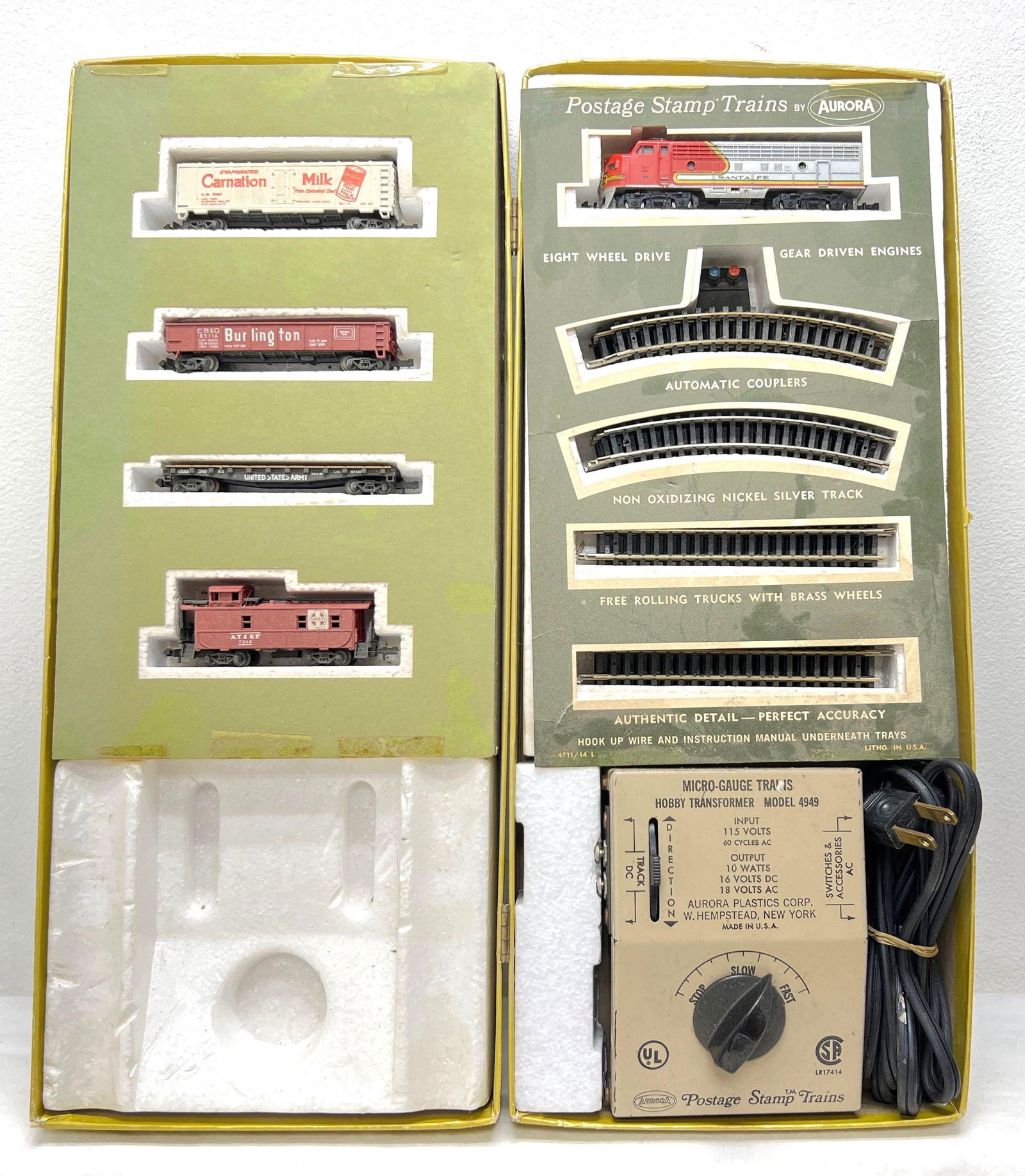 N Scale Aurora Postage Stamp Trains 4724 Santa Fe Cannon Ball in OB: N Scale Aurora Postage Stamp Trains 4724 Santa Fe Cannon Ball in original container. Trains are dusty but should clean to look C7 range. Set may or may not be complete. Please view the photos of the i