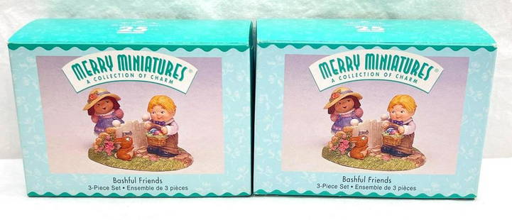 Hallmark Keepsake Ornaments 1999 two Merry Miniatures A Collection of Charm: Hallmark Keepsake Ornaments 1999 two Merry Miniatures, A Collection of Charm. This lot includes, two- 1999 Merry Miniatures Bashful Friends (3-piece ornament set). In one set the little girls hat is