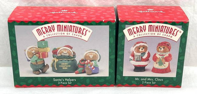 Hallmark Keepsake Ornaments lot of two Merry Miniatures 1996 Santas Helpers and more: Hallmark Keepsake Ornaments lot of two Merry Miniatures 1996 Santas Helpers and more. This lot includes, 1996 Mr. and Mrs. Claus (2-piece set), 1996 Santa's Helpers (3-piece set). Ornaments