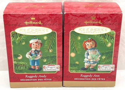 Hallmark Keepsake Ornaments lot of two 2001 Raggedy Ann and Raggedy Andy: Hallmark Keepsake Ornaments lot of two 2001 Raggedy Ann and Raggedy Andy. This is a super cute lot including, 2001 Raggedy Ann, 2001 Raggedy Andy. Ornaments appear new or never displayed. Boxes are