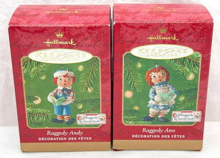 Hallmark Keepsake Ornaments lot of two 2001 Raggedy Ann and Raggedy Andy: Hallmark Keepsake Ornaments lot of two 2001 Raggedy Ann and Raggedy Andy. This is a super cute lot including, 2001 Raggedy Ann, 2001 Raggedy Andy. Ornaments appear new or never displayed. Boxes are