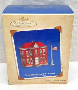 Hallmark Keepsake Ornaments fifth in the series of Town And Country Schoolhouse and Flagpole: Hallmark Keepsake Ornaments fifth in the series of Town and Country. This lot includes the 2003 Schoolhouse and Flagpole (set of two) Town and Country Collector Series. Fifth in the series. Ornament