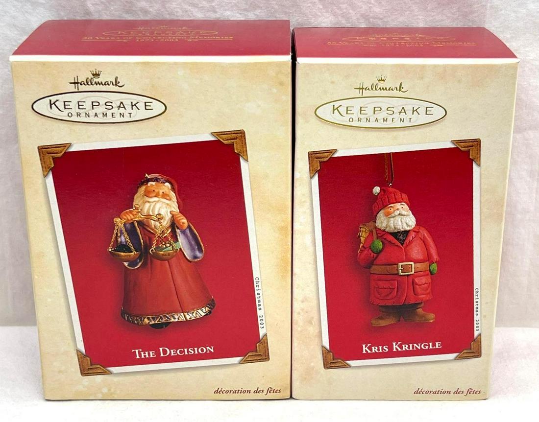 Hallmark Keepsake Ornaments lot of two 2003 Santas The Decision and Kris Kringle: Hallmark Keepsake Ornaments lot of two 2003 Santas, The Decision and Kris Kringle. This lot includes, 2003 Kris Kringle and 2003 The Decision. Ornaments are in excellent condition. Boxes are in MINT c