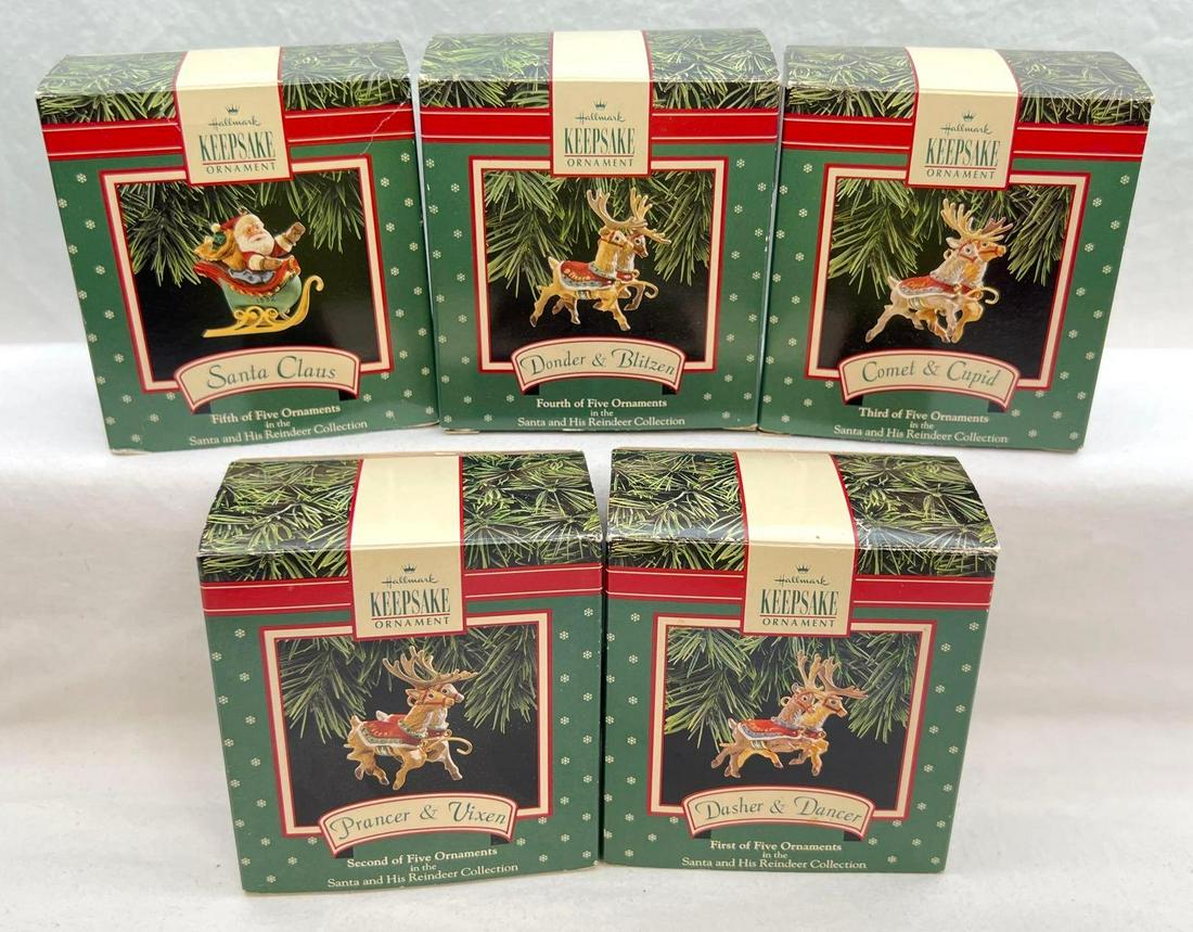Hallmark Keepsake Ornaments Lot of five 1992 Santa And His Reindeer table or mantel display: Hallmark Keepsake Ornaments Lot of five 1992 Santa and His Reindeer table or mantel display. This lot includes, 1992 Dasher & Dancer, first of five in the Santa and His Reindeer Collection, 1992 P