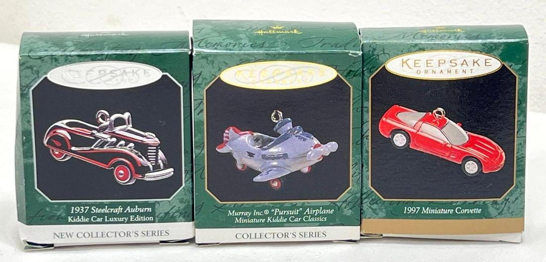 Hallmark Keepsake Ornaments lot of three Miniature Kiddie Car Classics: Hallmark Keepsake Ornaments lot of three Miniature Kiddie Car Classics. This lot includes, 1998 1937 Steelcraft Auburn, first in the Kiddie Car Luxury Edition, 1998 Murry Inc. "Pursuit" Airpla