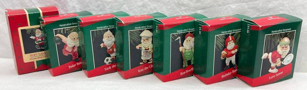 Hallmark Keepsake Ornaments Lot Of 7 Santas: Hallmark Keepsake Ornaments Lot Of 7 Santas. This great lot includes, 1988 Love Santa, 1988 Holiday Hero, 1988 Hoe-Hoe-Hoe!, 1988 Kiss The Claus, 1988 Polar Bowler, 1988 Nick the Kick, 1988 Soft